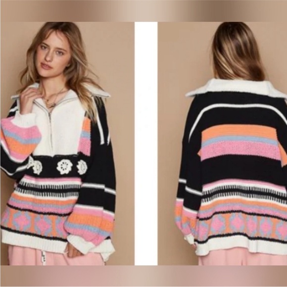 POL Womens High Collar Half Zip Oversized Color
Block Sweater Pink Black Sz M - Picture 7 of 12